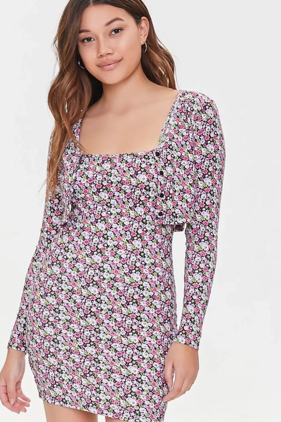 Floral Dress & Cardigan Sweater Set