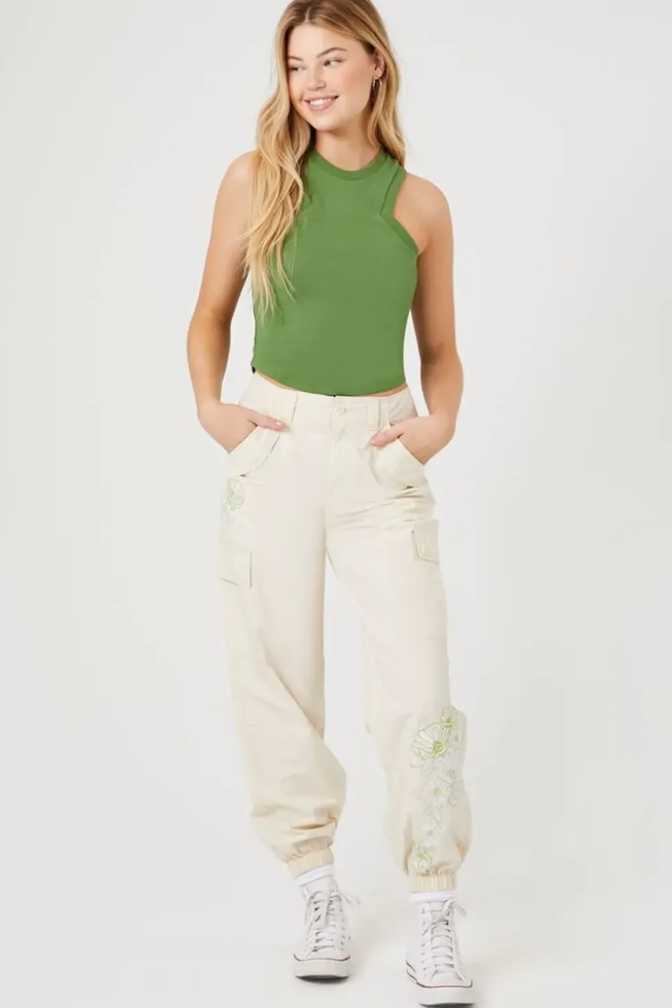 Floral Embroidered Cargo Joggers