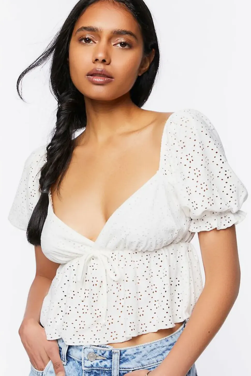 Floral Eyelet Puff-Sleeve Crop Top