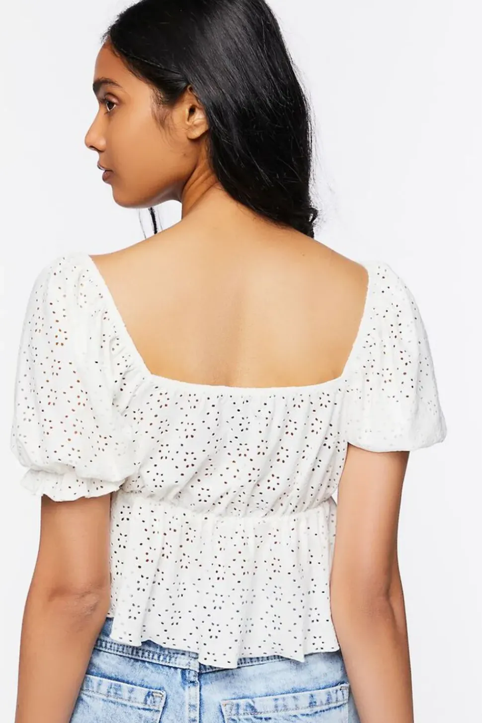 Floral Eyelet Puff-Sleeve Crop Top
