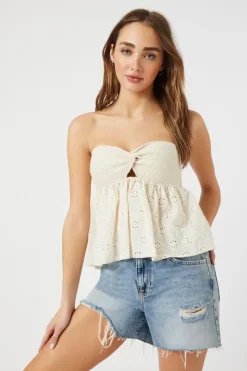 Floral Eyelet Twisted Strapless Top