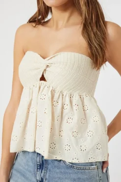 Floral Eyelet Twisted Strapless Top