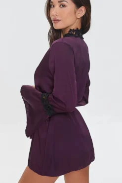 Floral Lace-Trim Satin Lingerie Robe