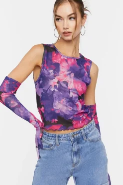 Floral Mesh Crop Top & Gloves Set