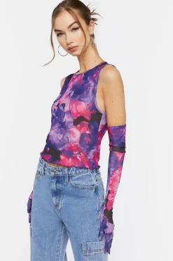 Floral Mesh Crop Top & Gloves Set