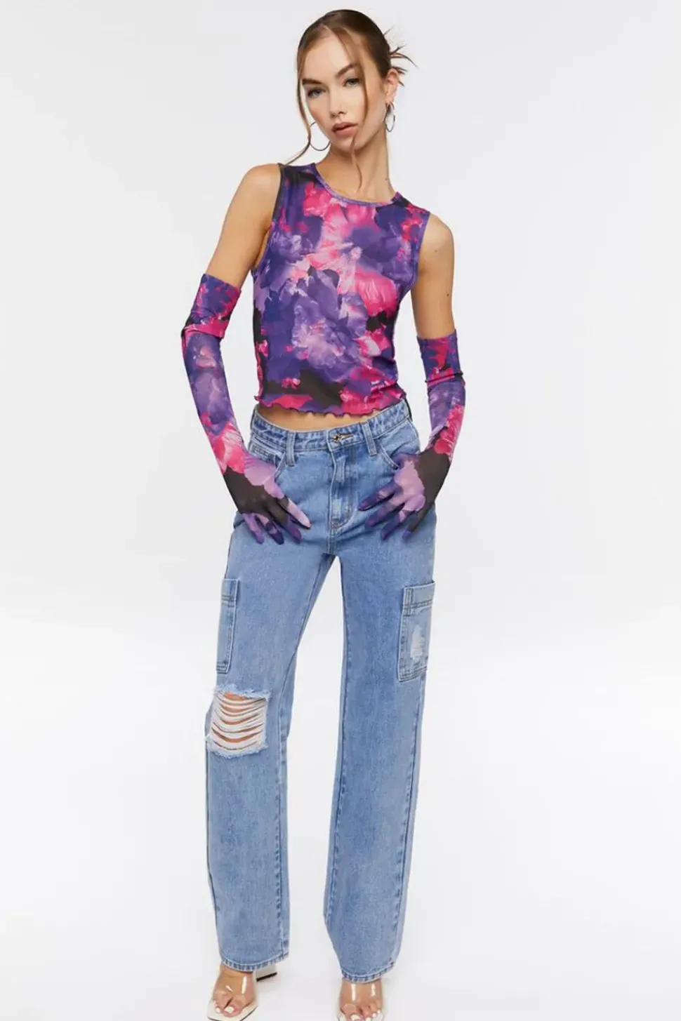 Floral Mesh Crop Top & Gloves Set
