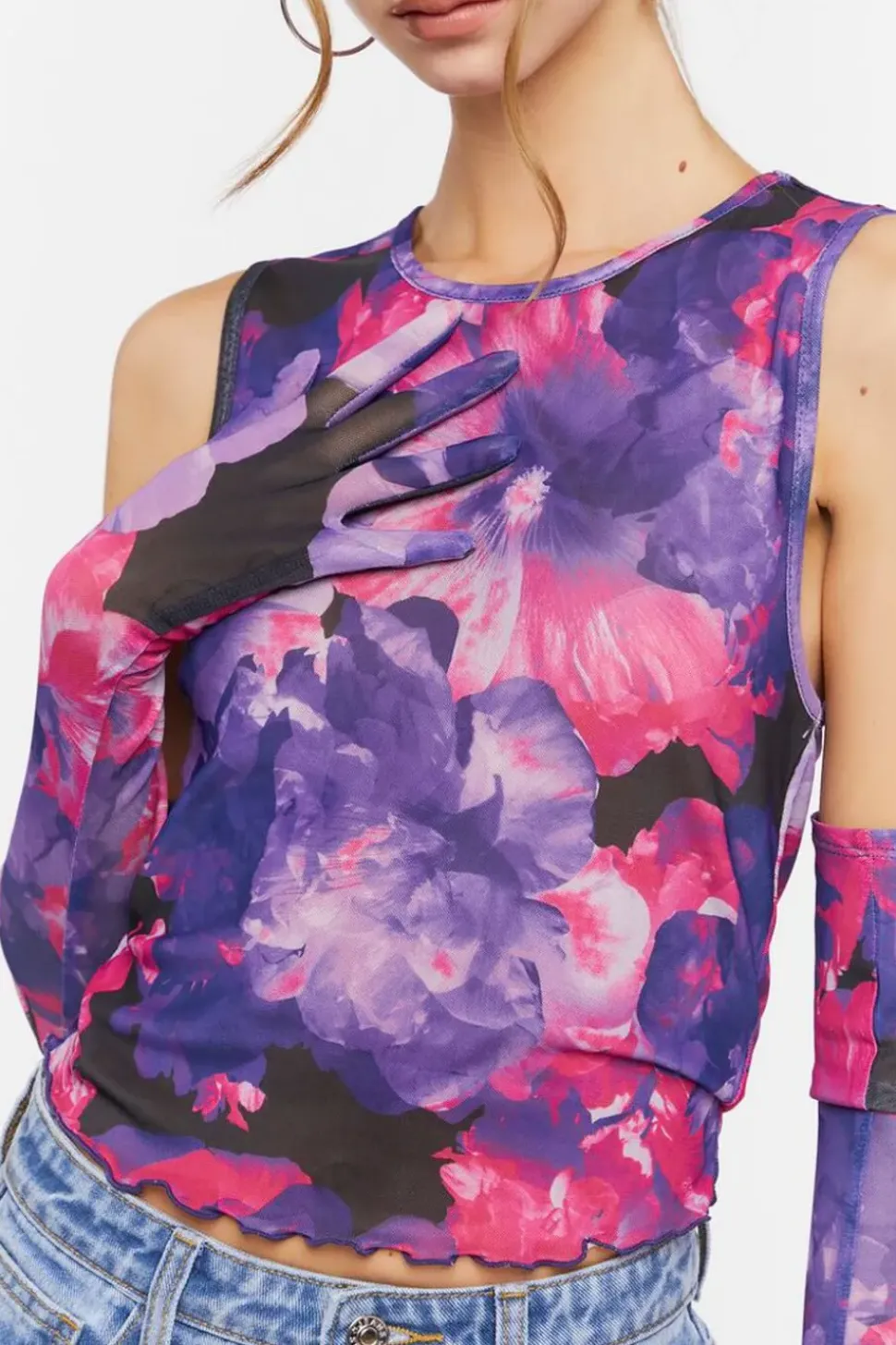 Floral Mesh Crop Top & Gloves Set