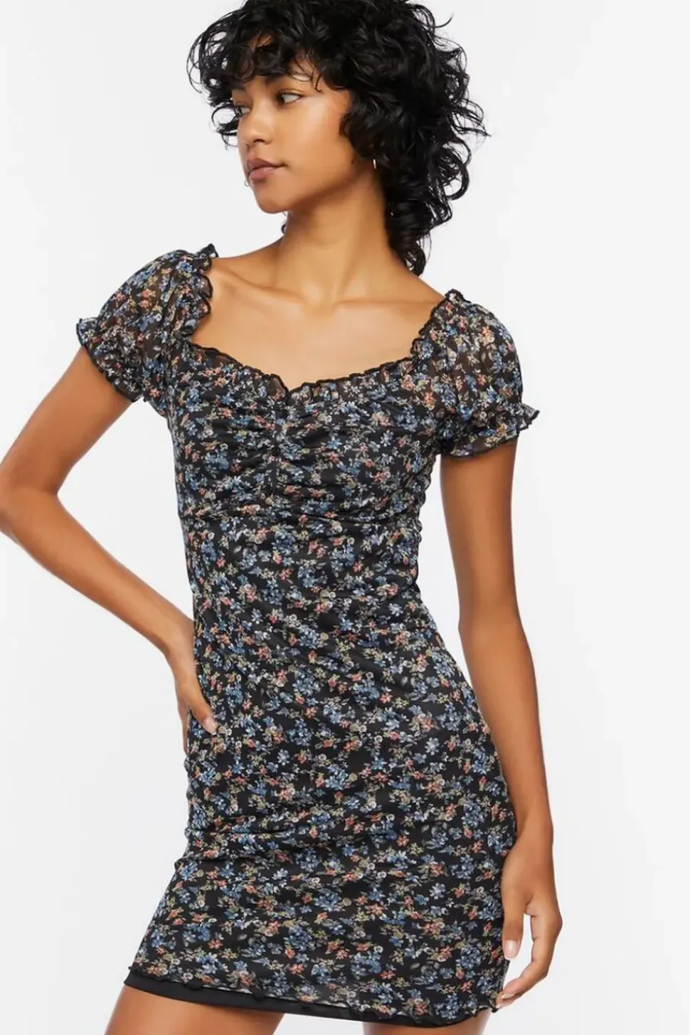 Floral Mesh Ruched Mini Dress