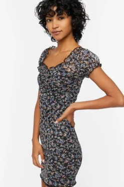 Floral Mesh Ruched Mini Dress