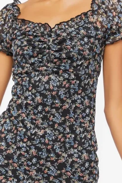 Floral Mesh Ruched Mini Dress