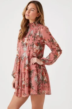 Floral Mock Neck Tiered Mini Dress