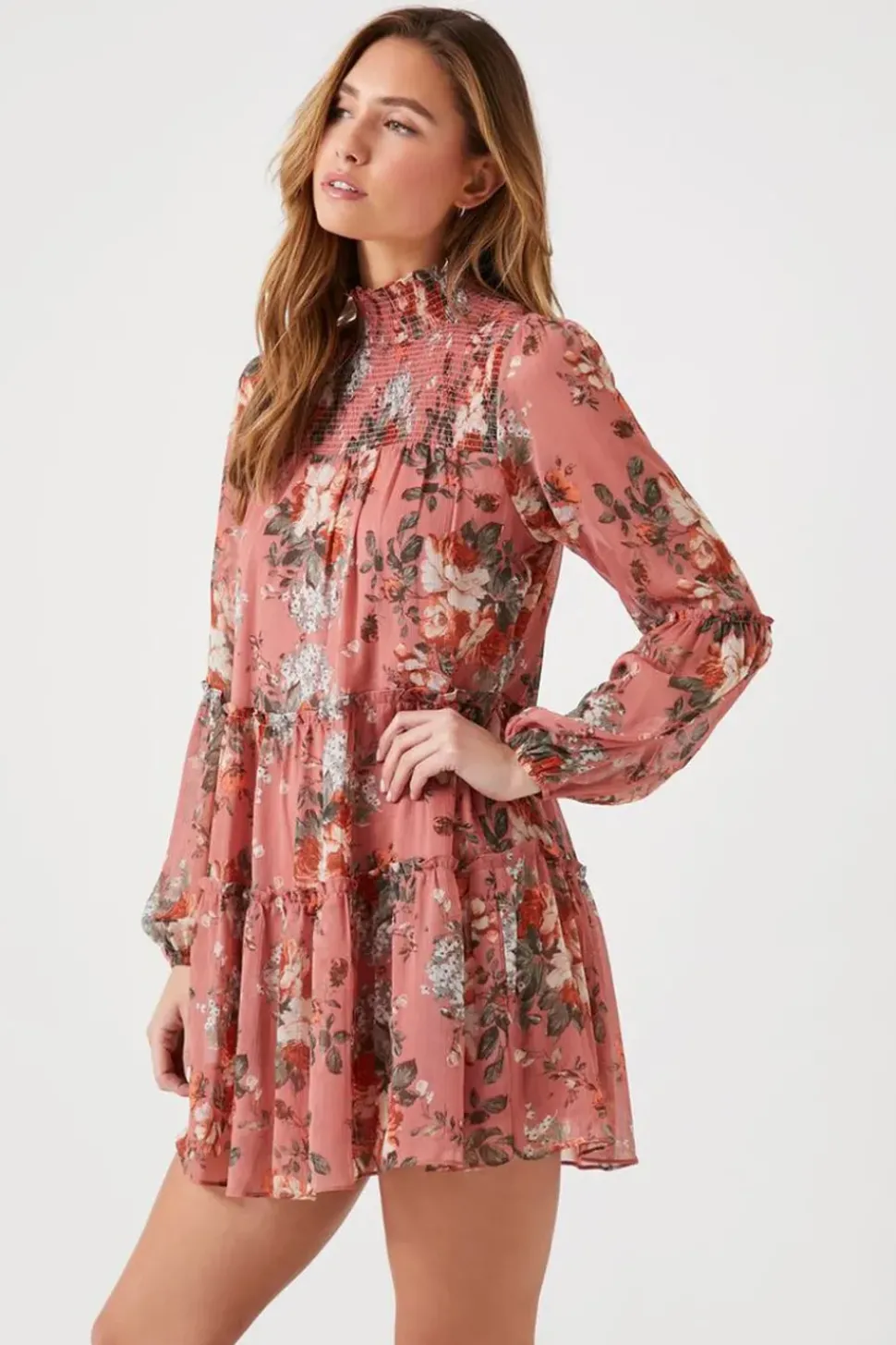 Floral Mock Neck Tiered Mini Dress