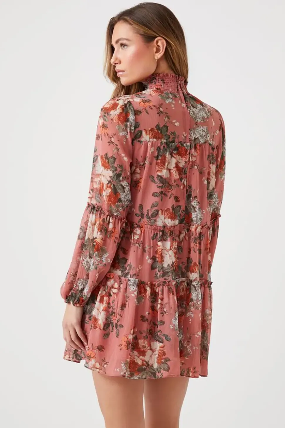 Floral Mock Neck Tiered Mini Dress