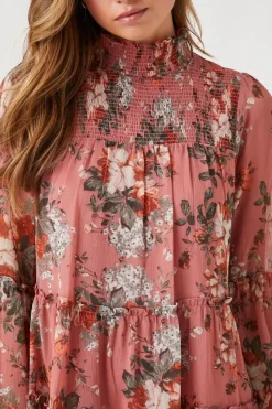 Floral Mock Neck Tiered Mini Dress