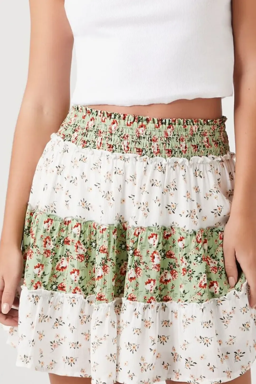 Floral Patchwork Tiered Mini Skirt