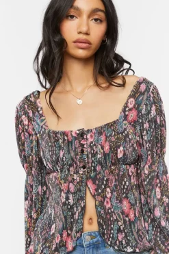 Floral Plisse Split-Front Top