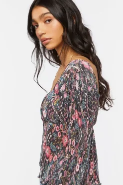 Floral Plisse Split-Front Top