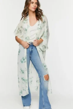 Floral Print Butterfly-Sleeve Kimono