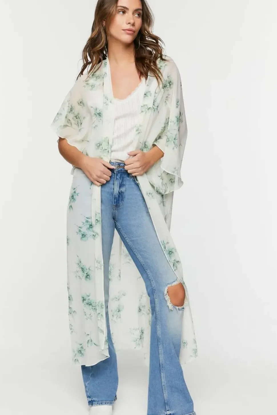 Floral Print Butterfly-Sleeve Kimono
