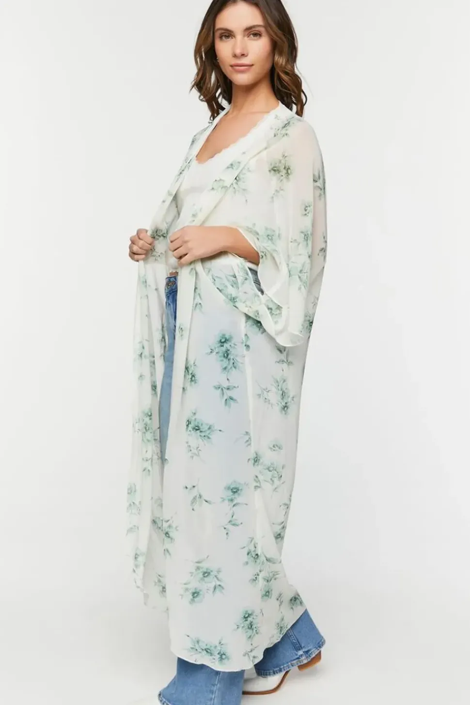 Floral Print Butterfly-Sleeve Kimono