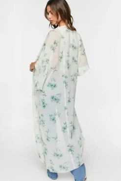 Floral Print Butterfly-Sleeve Kimono