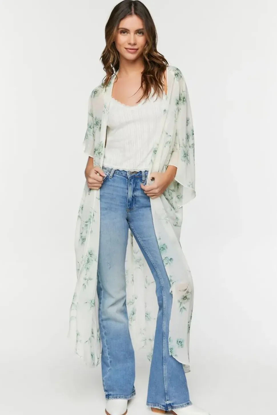 Floral Print Butterfly-Sleeve Kimono