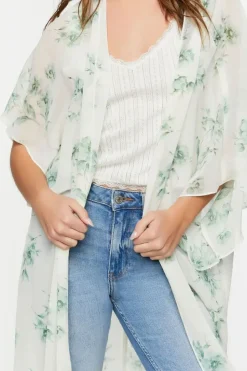 Floral Print Butterfly-Sleeve Kimono