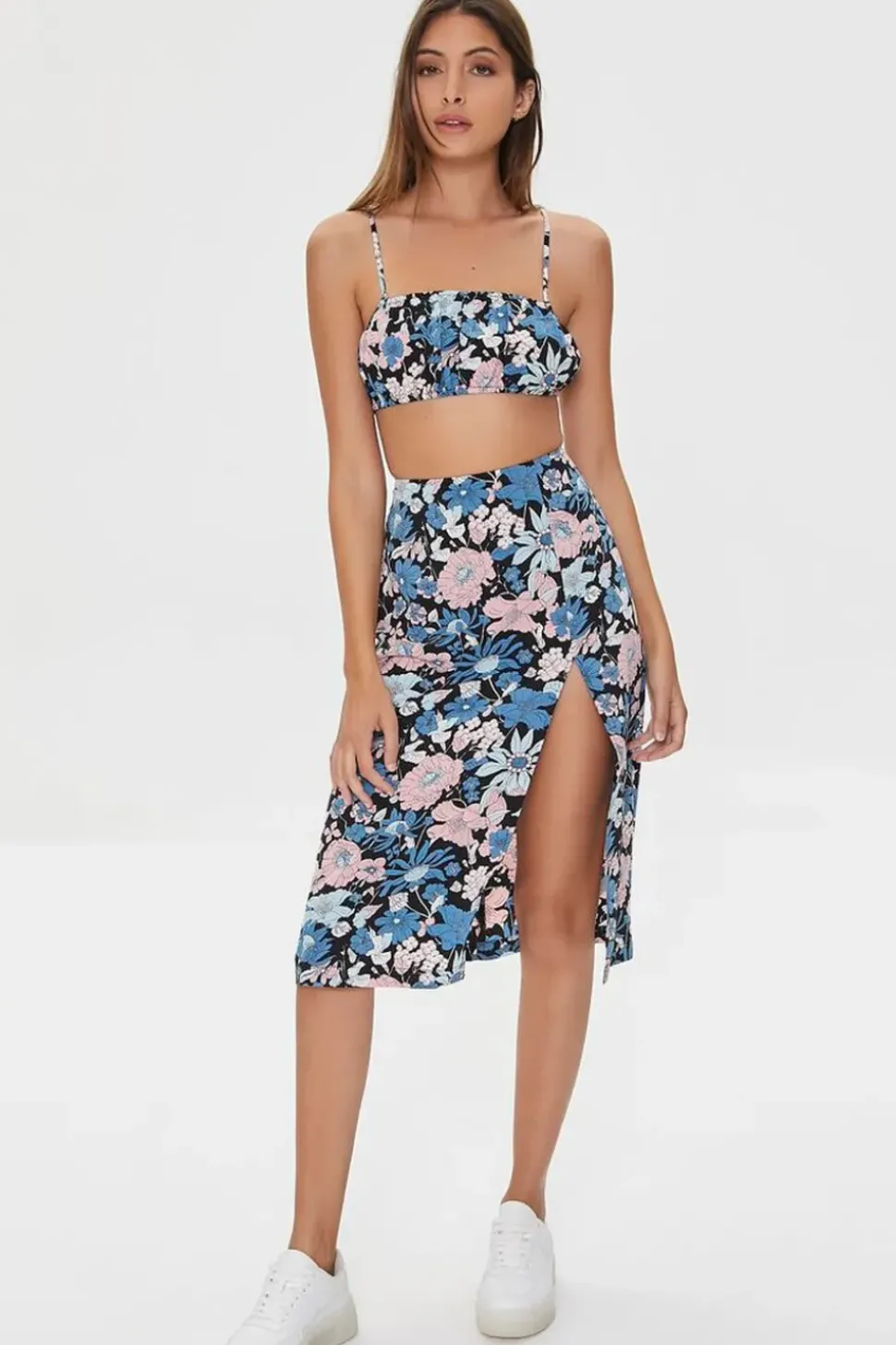 Floral Print Crop Top & Midi Skirt Set