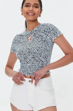 Floral Print Cutout Cropped Tee