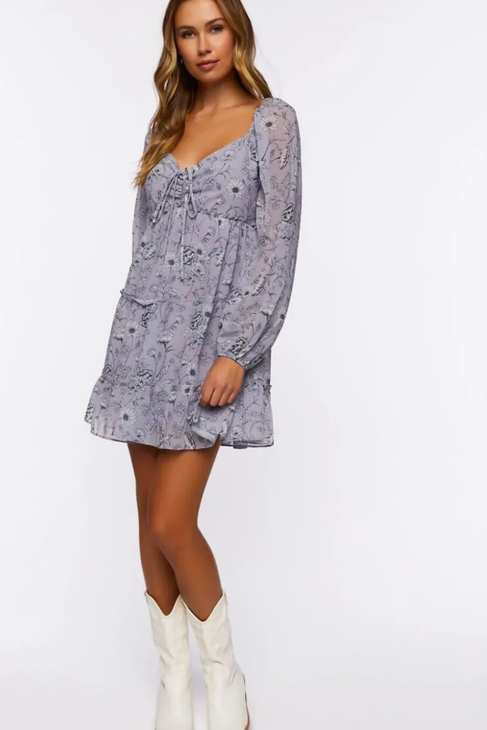 Floral Print Peasant-Sleeve Mini Dress