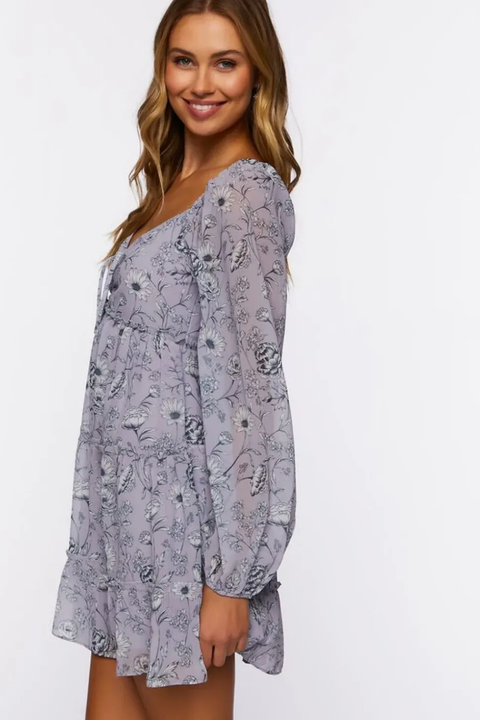 Floral Print Peasant-Sleeve Mini Dress