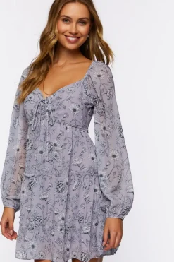 Floral Print Peasant-Sleeve Mini Dress