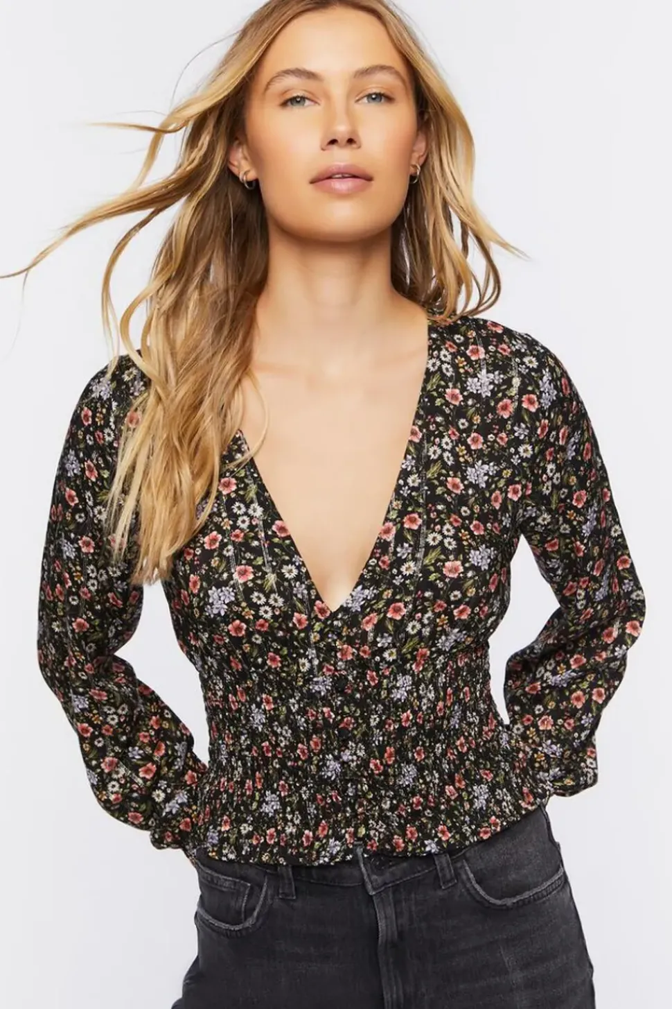 Floral Print Peasant-Sleeve Top