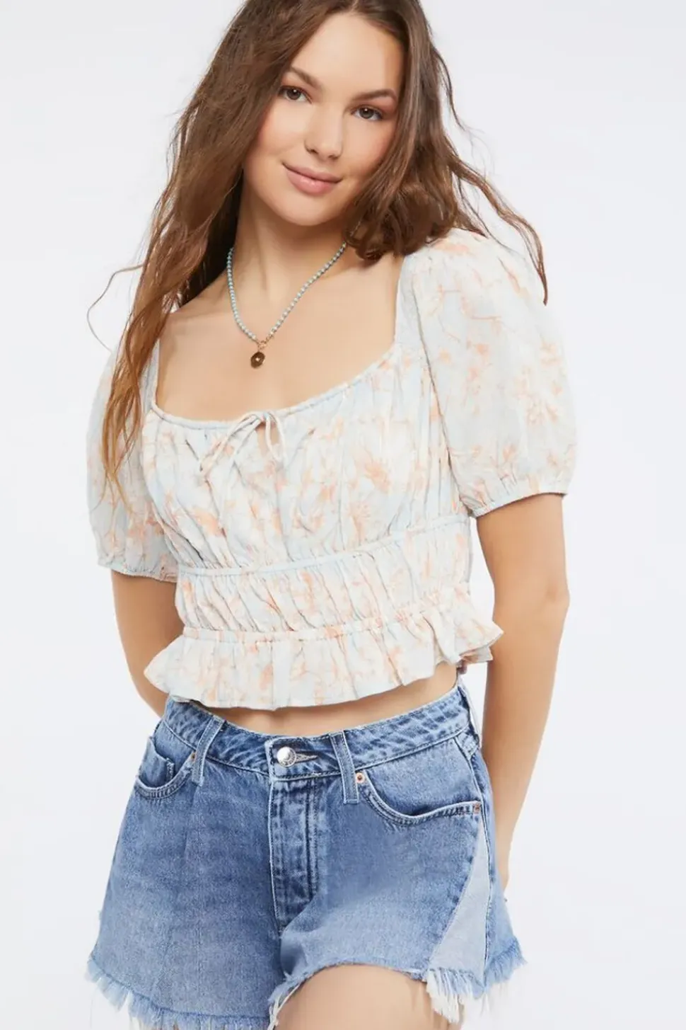 Floral Print Puff-Sleeve Crop Top