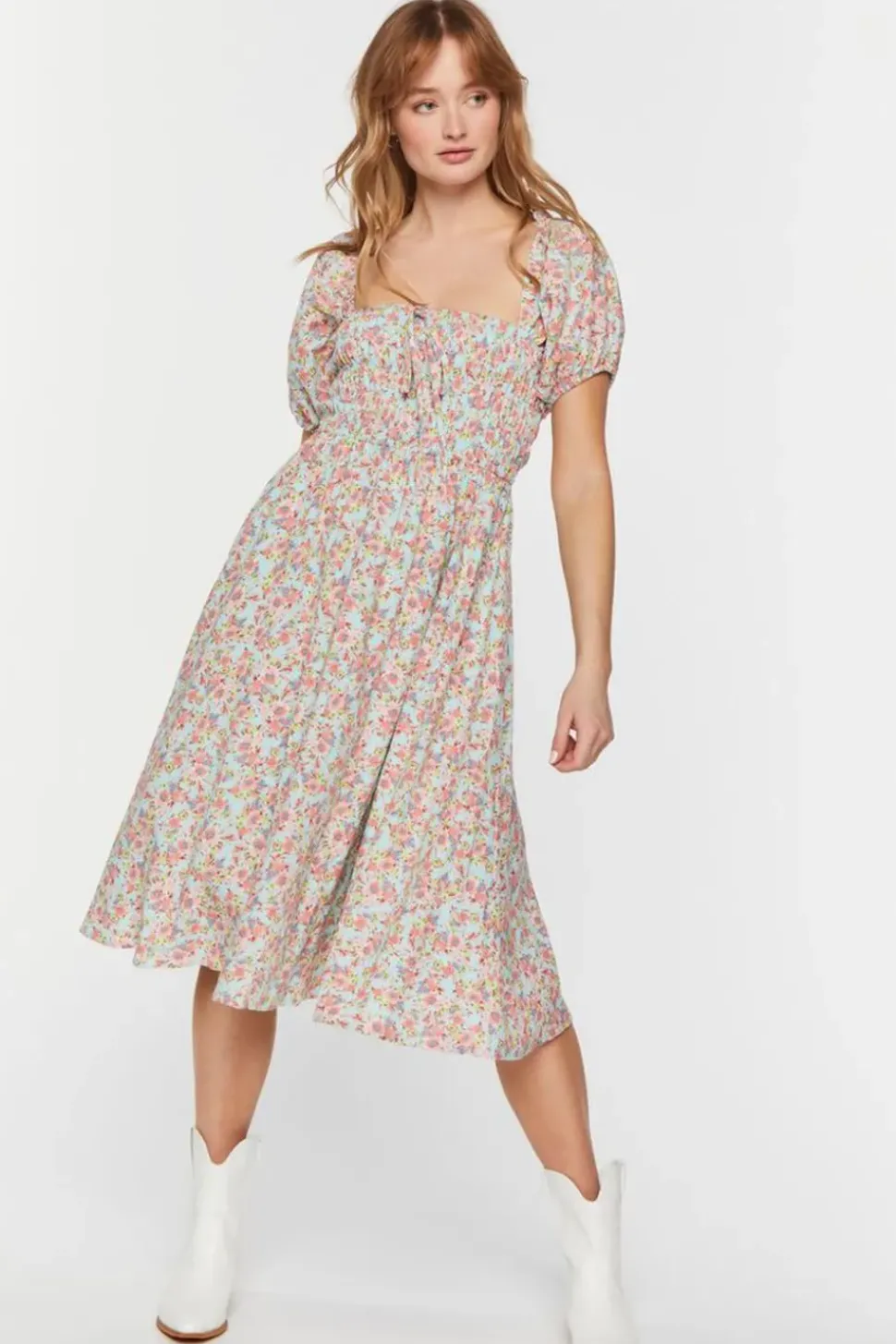 Floral Print Puff-Sleeve Midi Dress