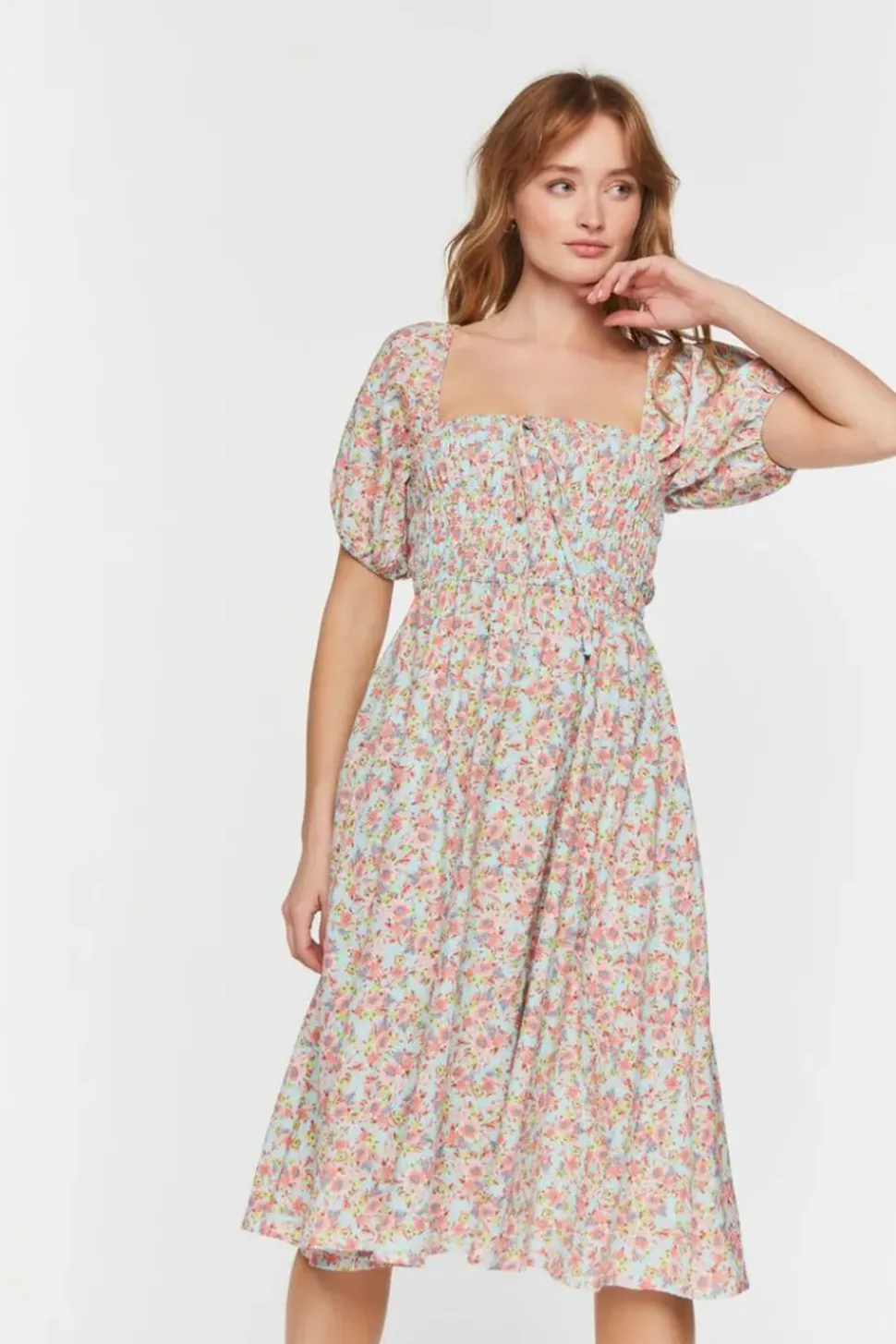 Floral Print Puff-Sleeve Midi Dress