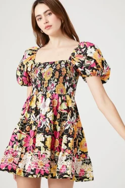 Floral Print Puff-Sleeve Mini Dress