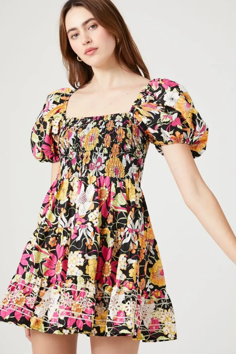 Floral Print Puff-Sleeve Mini Dress