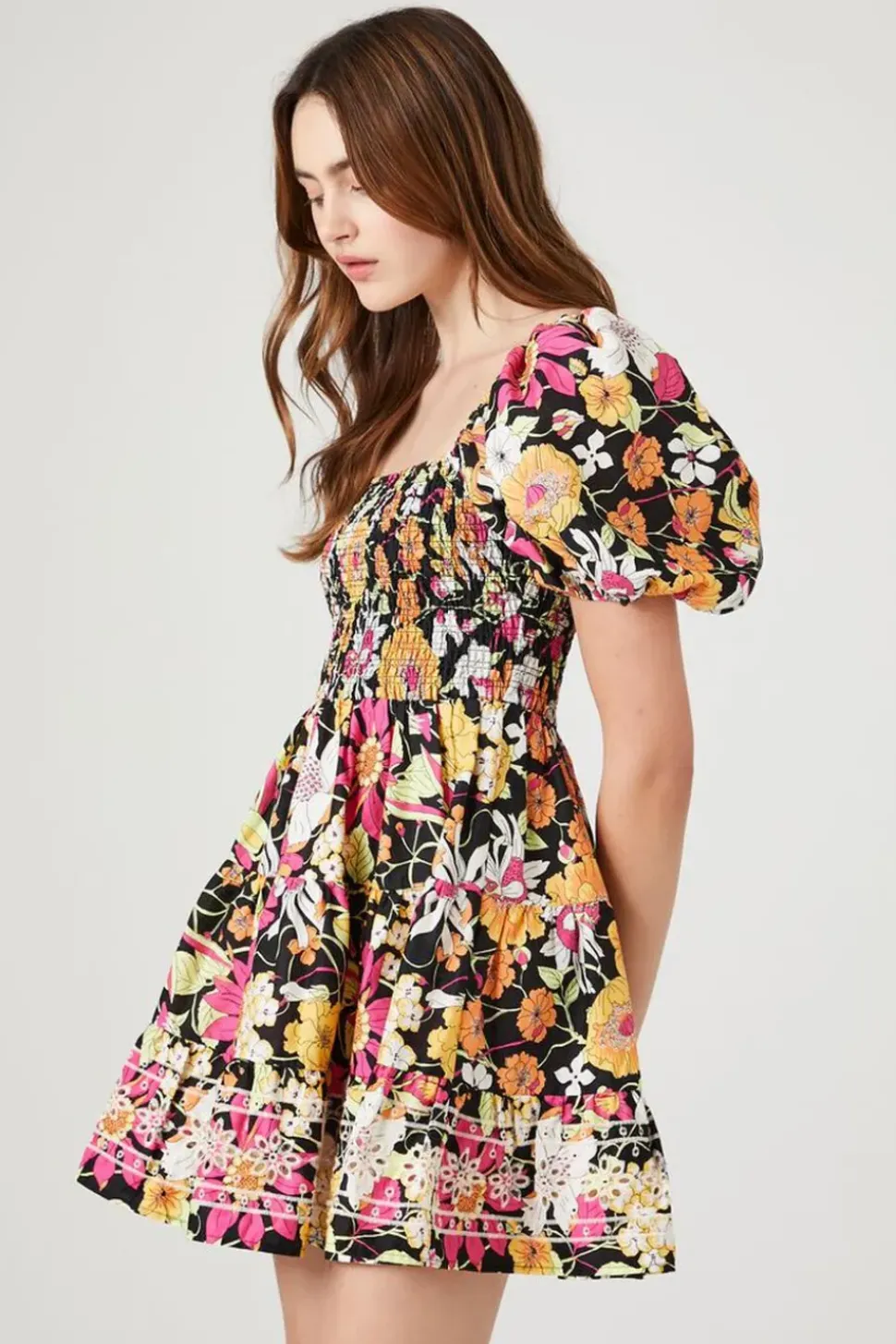 Floral Print Puff-Sleeve Mini Dress