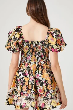 Floral Print Puff-Sleeve Mini Dress