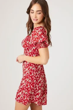 Floral Print Puff-Sleeve Mini Dress
