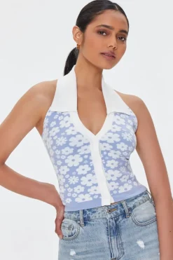 Floral Print Sweater-Knit Halter Top