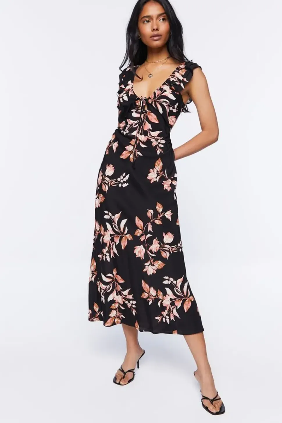 Floral Print Tie-Back Midi Dress