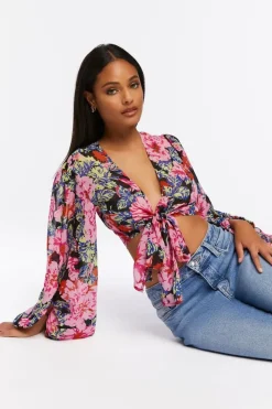 Floral Print Tie-Front Crop Top