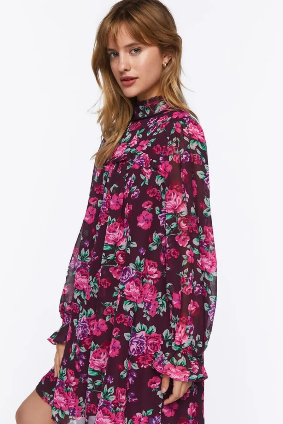 Floral Print Trumpet-Sleeve Mini Dress