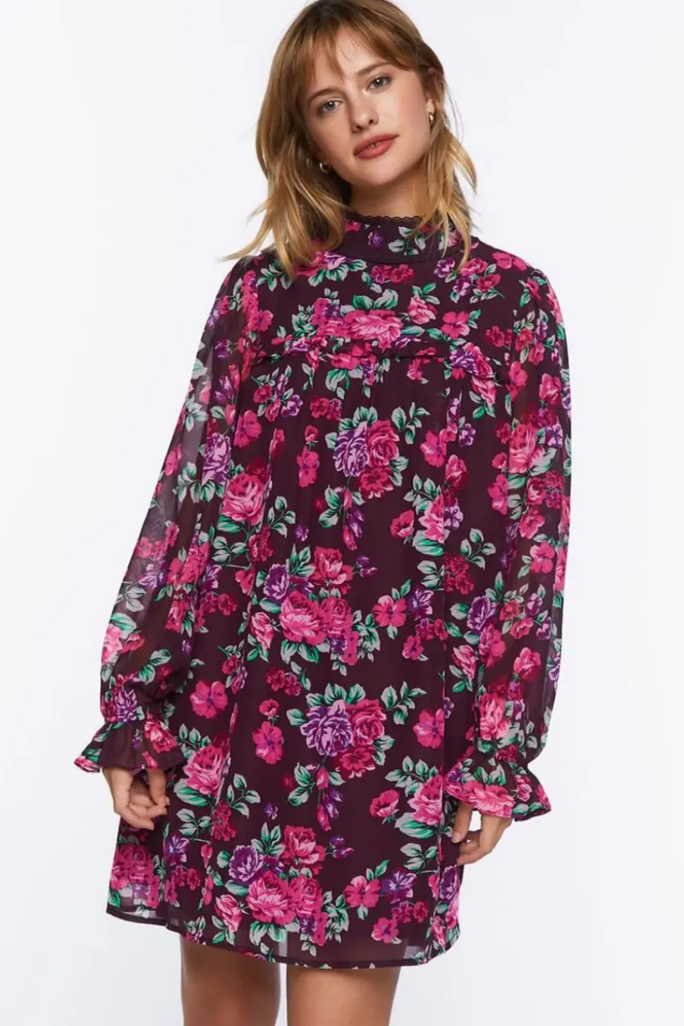 Floral Print Trumpet-Sleeve Mini Dress