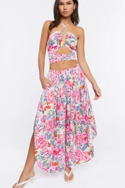Floral Print Wide-Leg Slit Pants