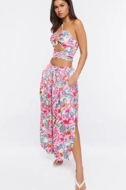 Floral Print Wide-Leg Slit Pants