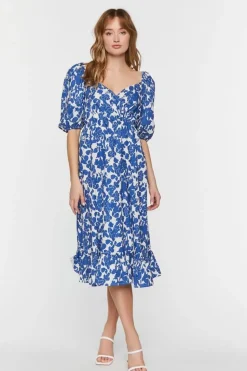 Floral Puff-Sleeve Midi Dress