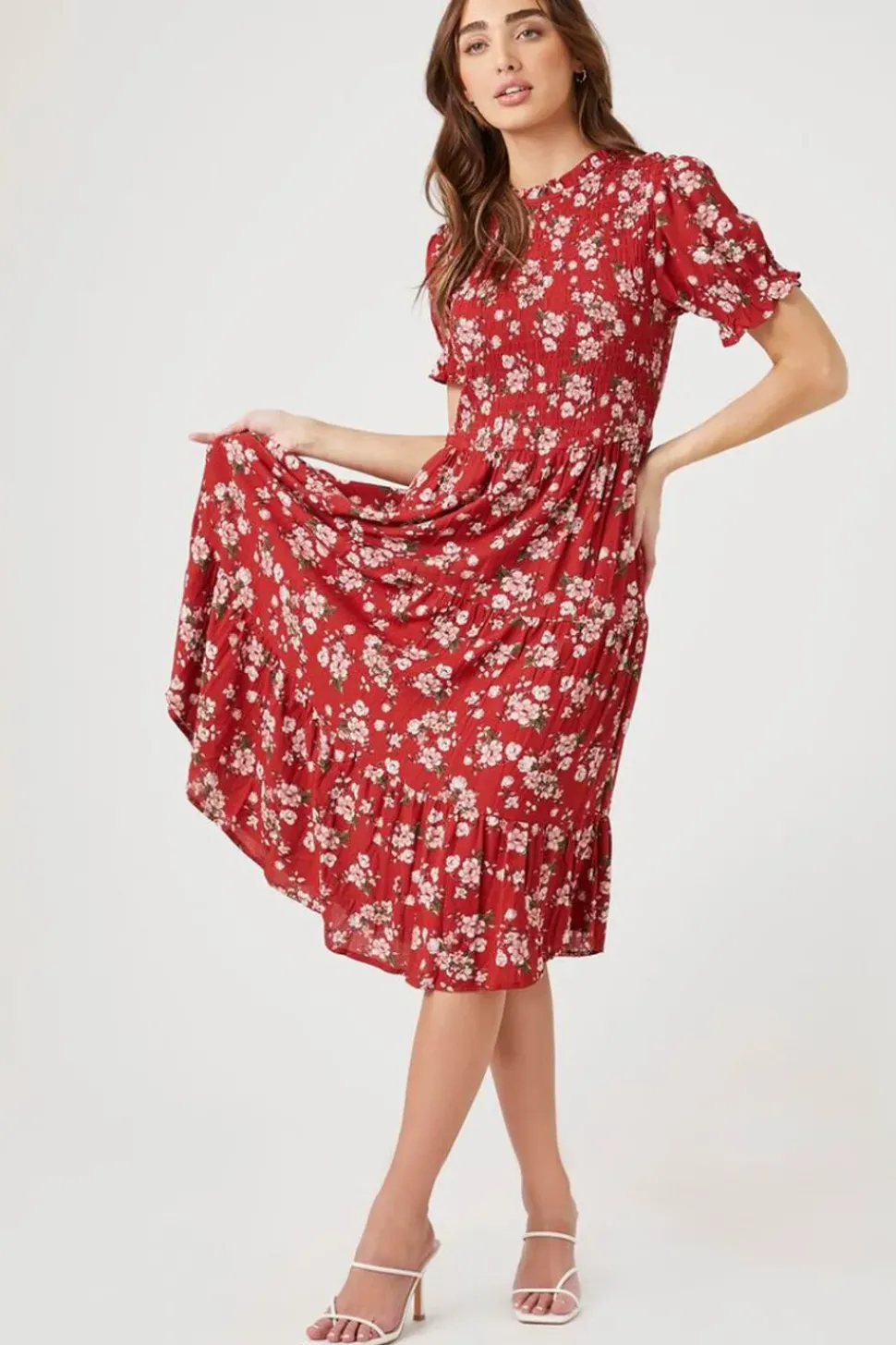 Floral Puff-Sleeve Midi Dress
